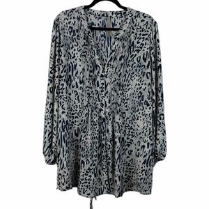 Melissa McCarthy Seven7 Animal Print Blouse 1X Blue Grey Tie Back Flowy Top
